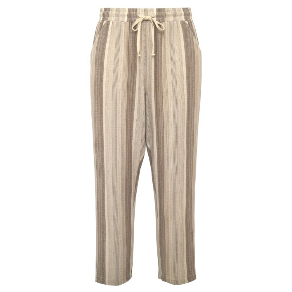 Elan Tan Taupe Cream Striped Cropped Linen And Cotton Drawstring Pants Sz M